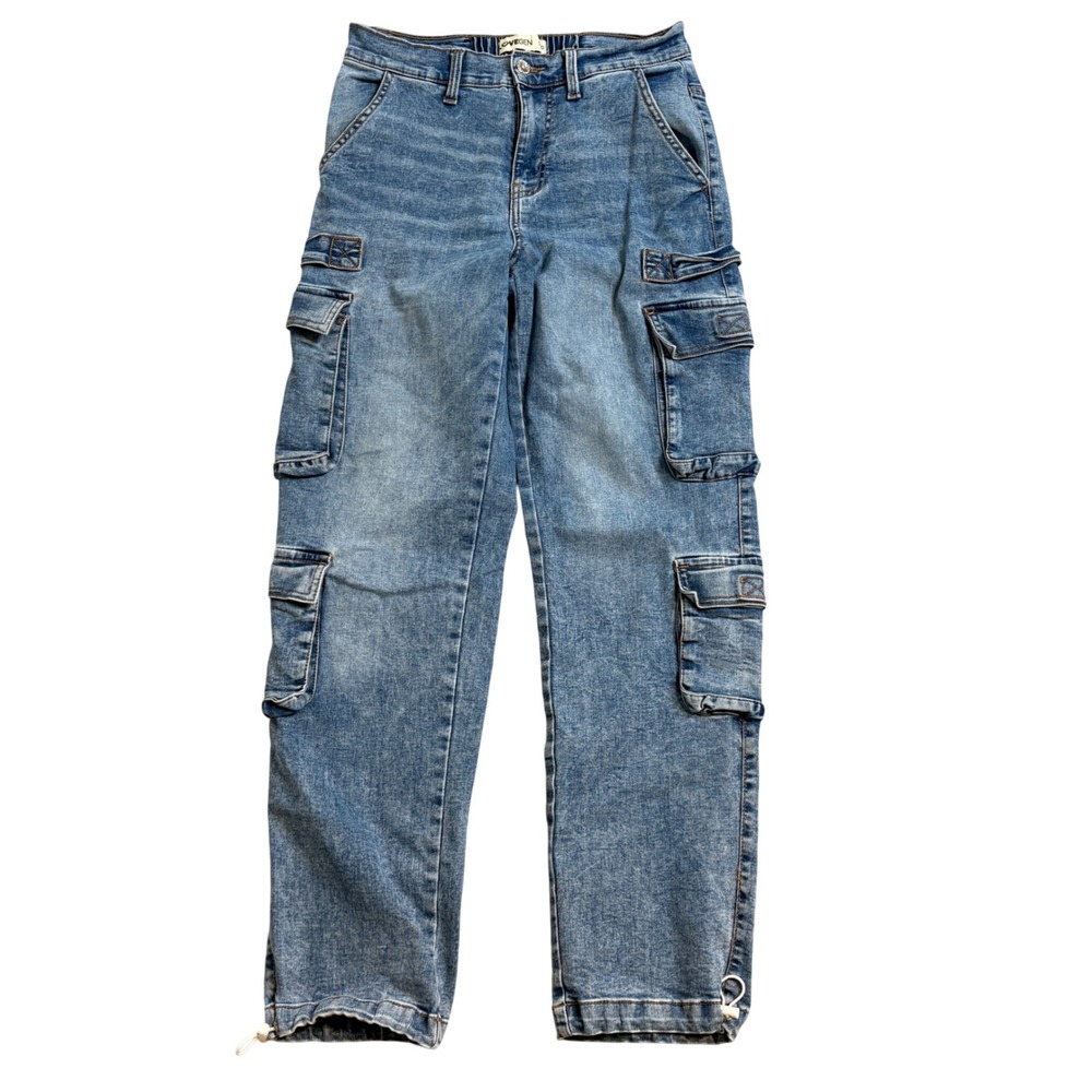 Lovegen Womens Blue Denim Cargo Pants Straight Leg Bungee Hem Size 9/30 Medium
